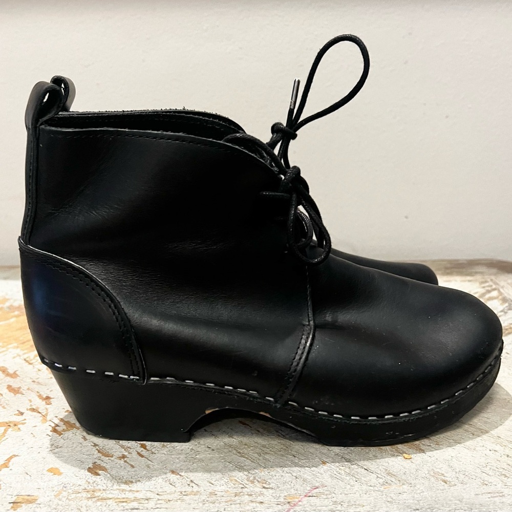 Maguba Montreal Black Women's Swedish Leather Clog Boots Sz 39‎ Lace up Platform